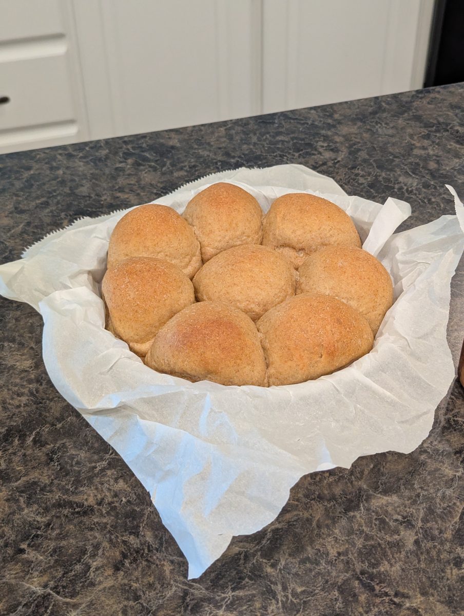 A pan of freshly milled pull-apart dinner rolls